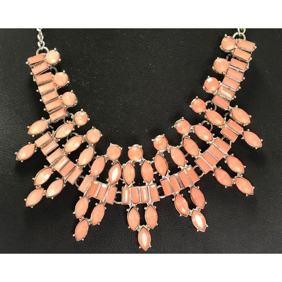 Peach Rhinestone Egyptian Revival Statement Bib Necklace Silver Tone Cleopatra - Picture 2 of 4